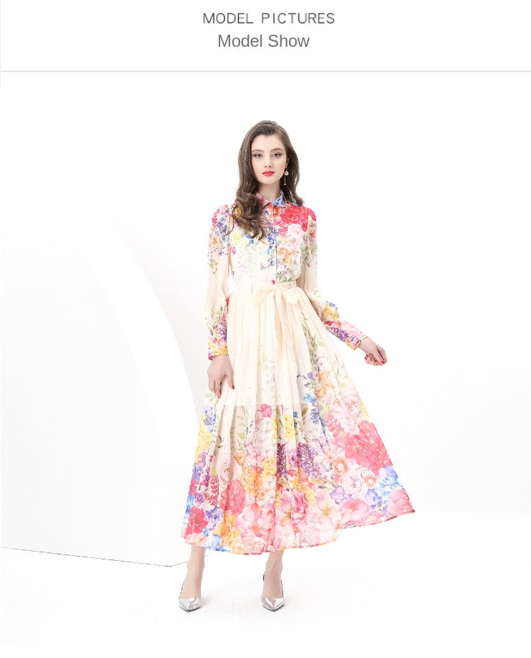Original design: Spring, autumn and summer retro style balloon sleeve wavy edge long printed dress
