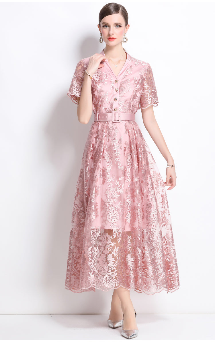 Original design mesh embroidered long dress with pockets, V-neck slim fit dress and belt