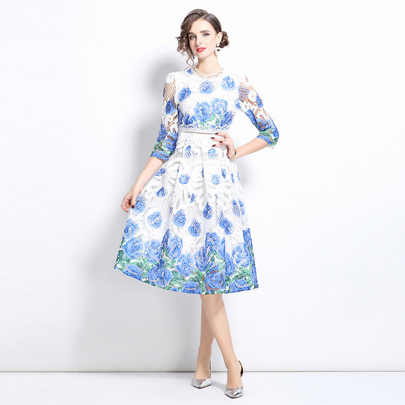 Original design mid long sleeved fashionable slimming hollow out water-soluble lace positioning mid length dress