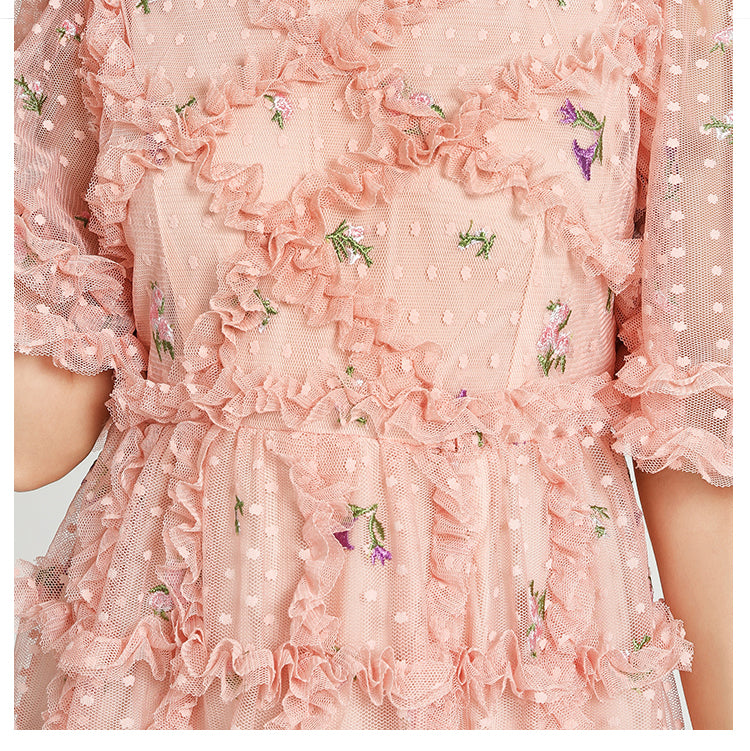 Artwork French romantic boutique custom gauze small floral embroidery short vintage cake dress