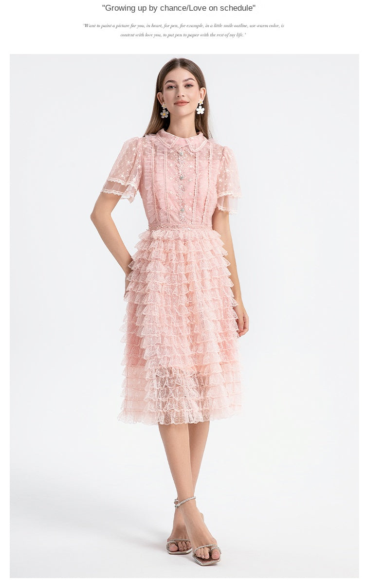 Original design short sleeved French sweet lace lace cake skirt with nail and diamond waist cinching temperament dress