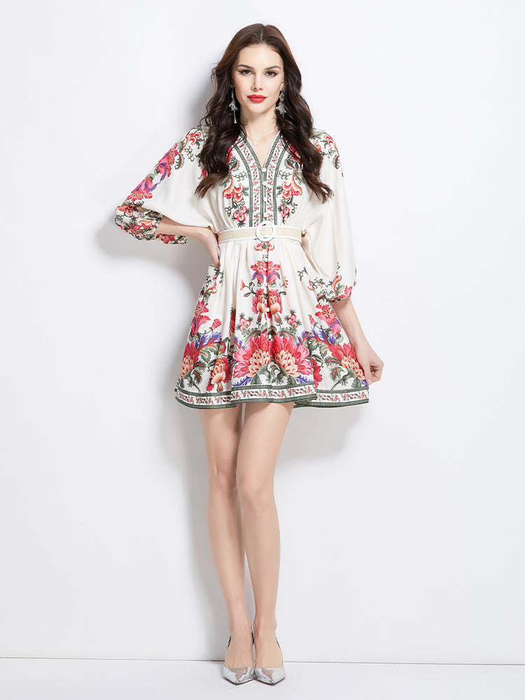 Original design spring summer autumn vacation ethnic style print elegant temperament short V-neck dress