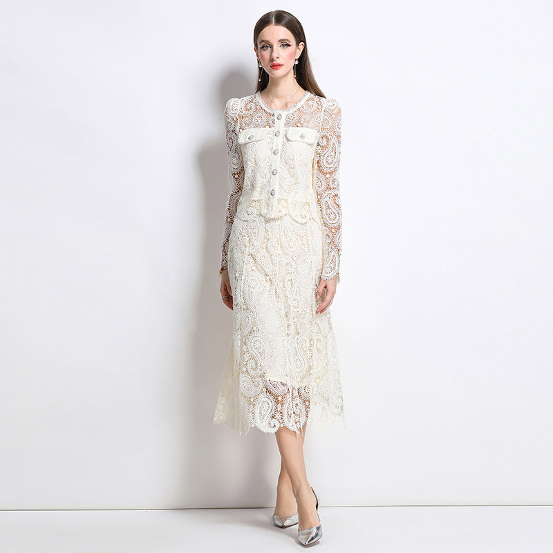 Real shot spot8583# New Style Chanel-Inspired Set Light Luxury High-End Water-Soluble Lace Skirt Two-Piece Set