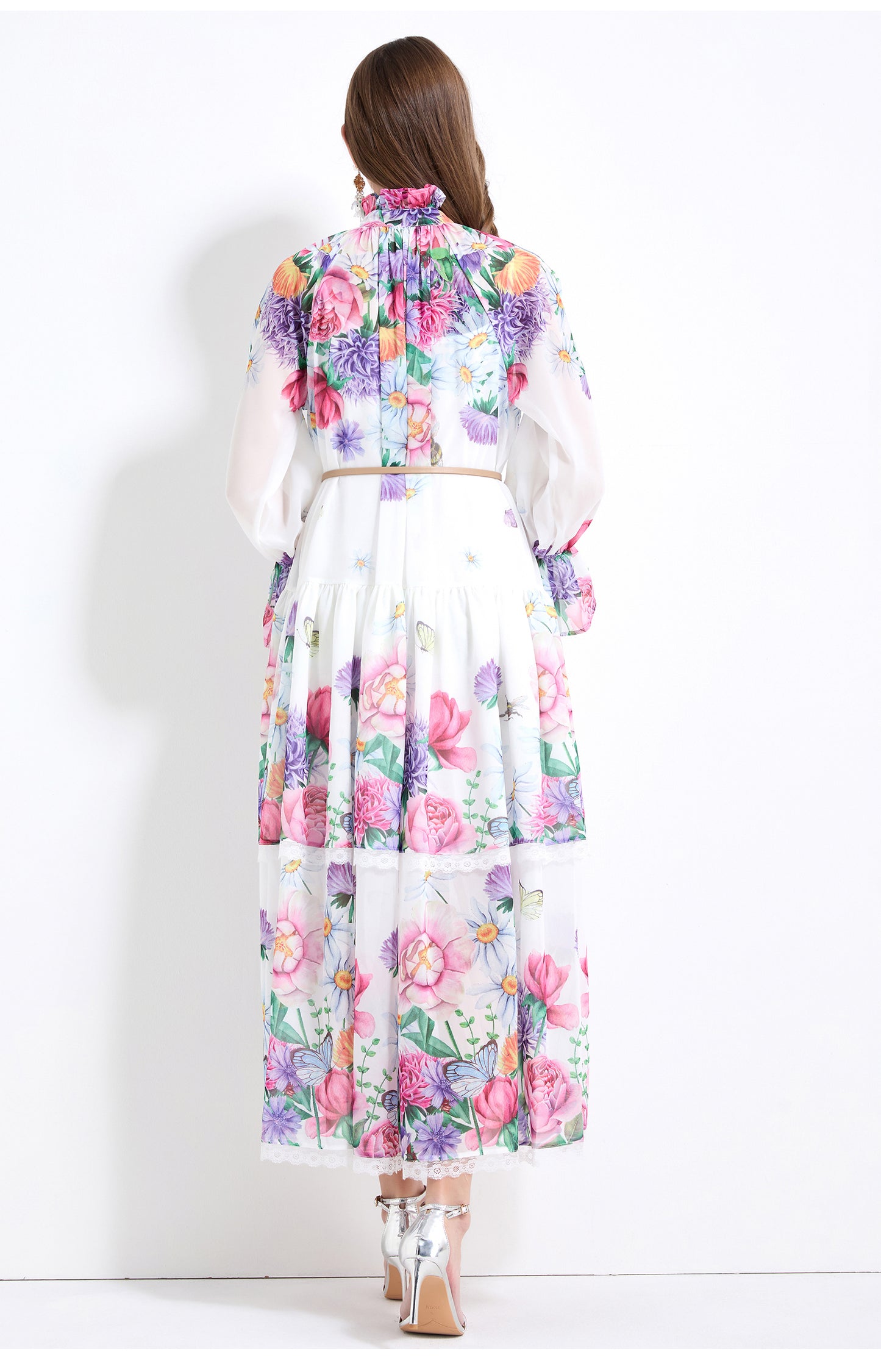 Original design - spring and summer fake lace cake skirt floral print waist ruffle skirt