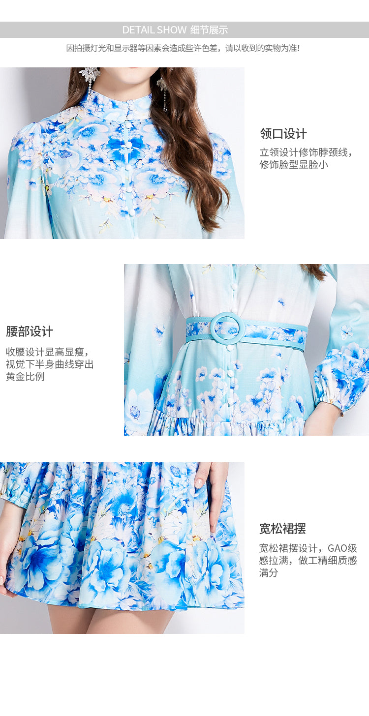 Original Design Spring/Summer Autumn Vacation New Flower Oil Painting Style Stand up Collar Long Dress