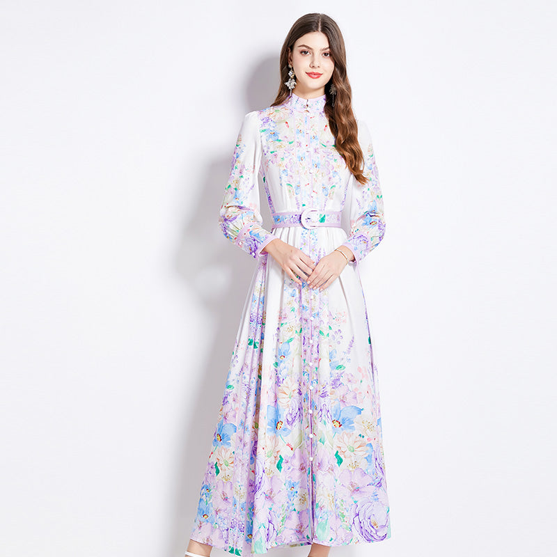 Original Design Spring/Summer Autumn Vacation New Flower Oil Painting Style Stand up Collar Long Dress