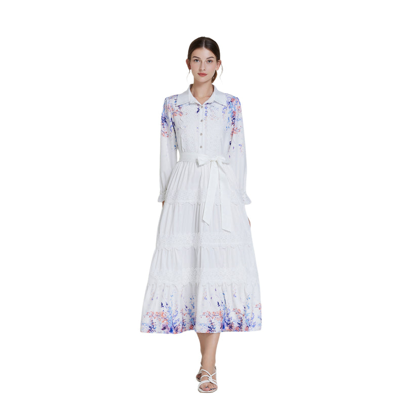 Original design fashionable bohemian lapel lace border lantern sleeves cinched waist long printed dress