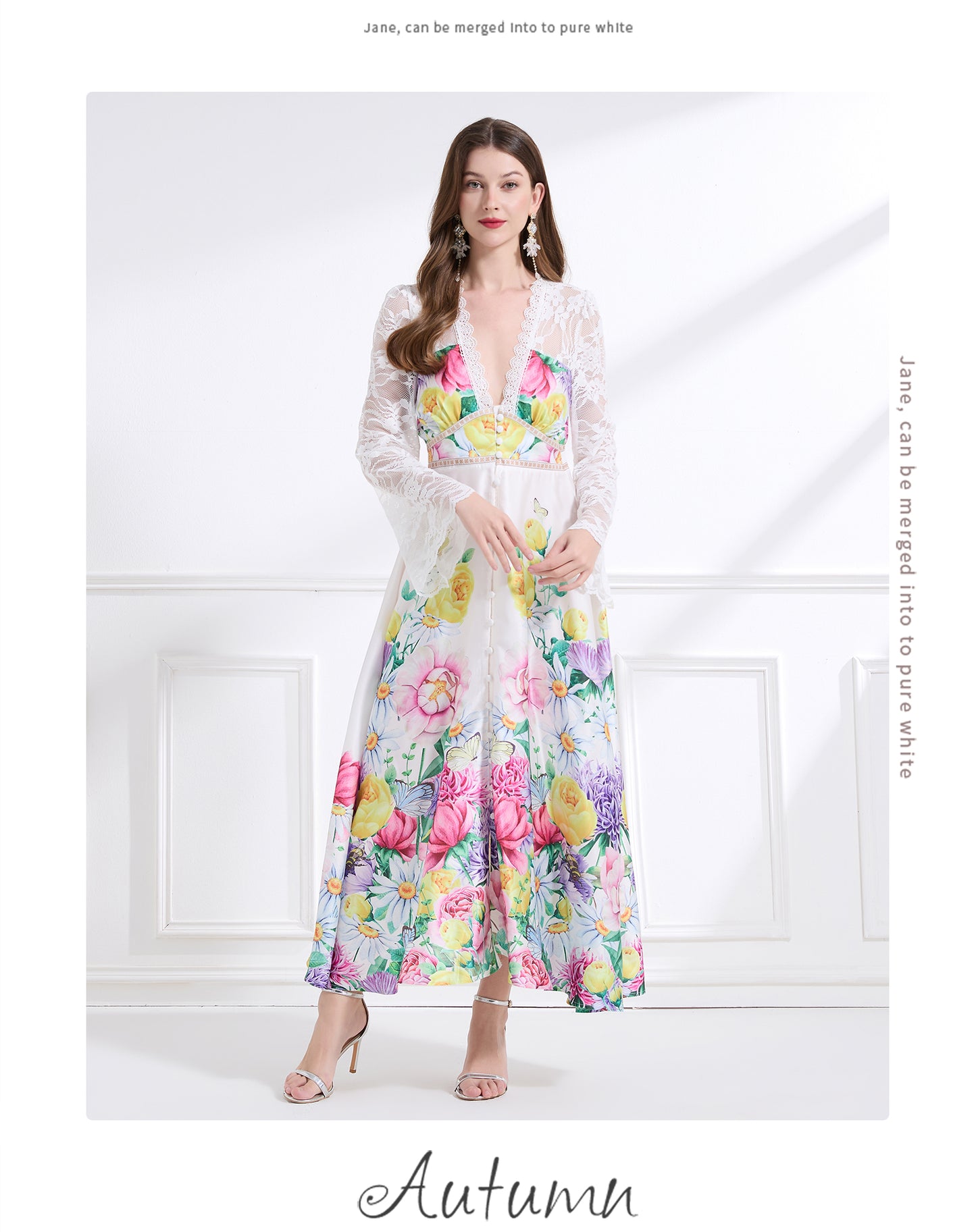 Original design - spring and summer resort style lace patchwork print waist maxi skirt ruffle dress