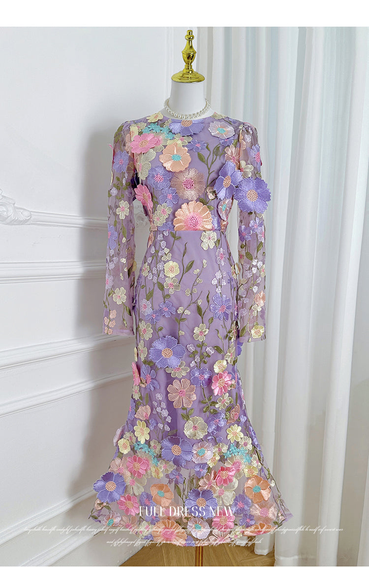 Original Design Heavy Industry Boutique Color Embroidered Handmade Three Dimensional Flower Slimming Fishtail Skirt Temperament Dress