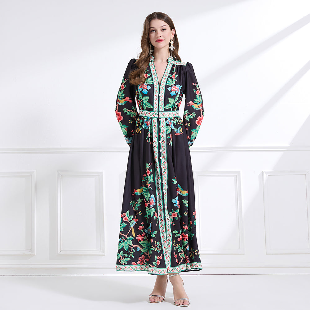 Original design Spring/summer resort-style V-neck, linen, floral, printed, balloon-sleeved, waist-cinching, ruffled maxi skirt