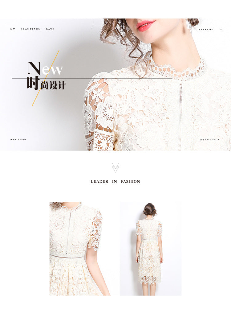 Original design short sleeved slimming hollow out water-soluble lace positioning mid length dress