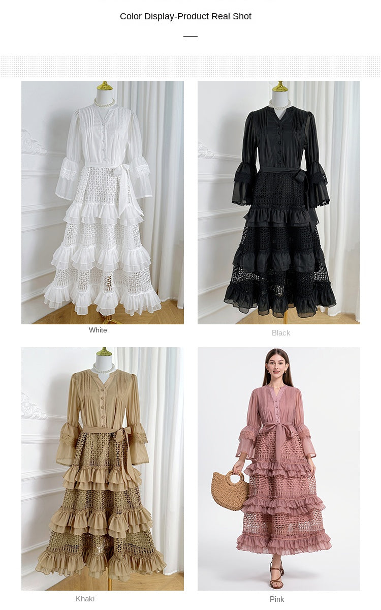 French retro court-style cut-out lace patchwork with fungus trim and flared sleeves at the waist