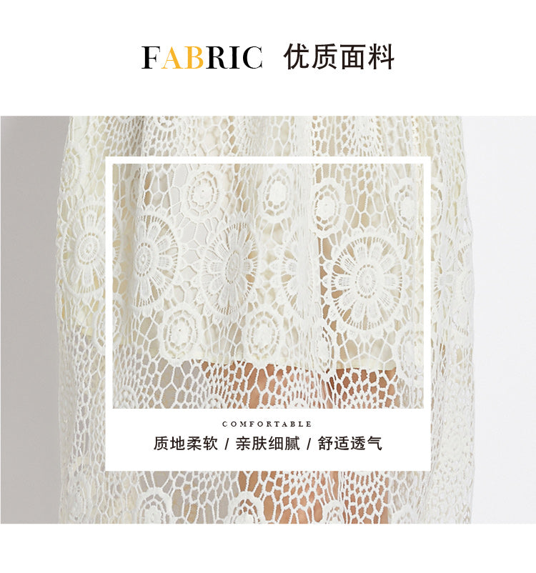 Original design niche dress new style temperament, waist cinching and slimming, hollow out water-soluble lace long skirt