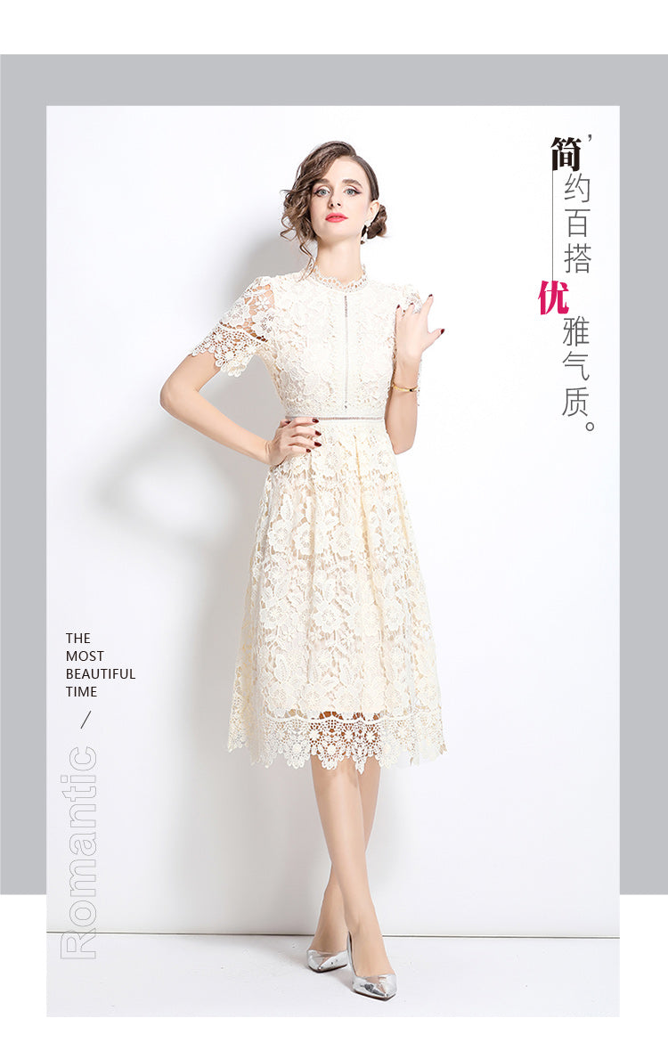 Original design short sleeved slimming hollow out water-soluble lace positioning mid length dress