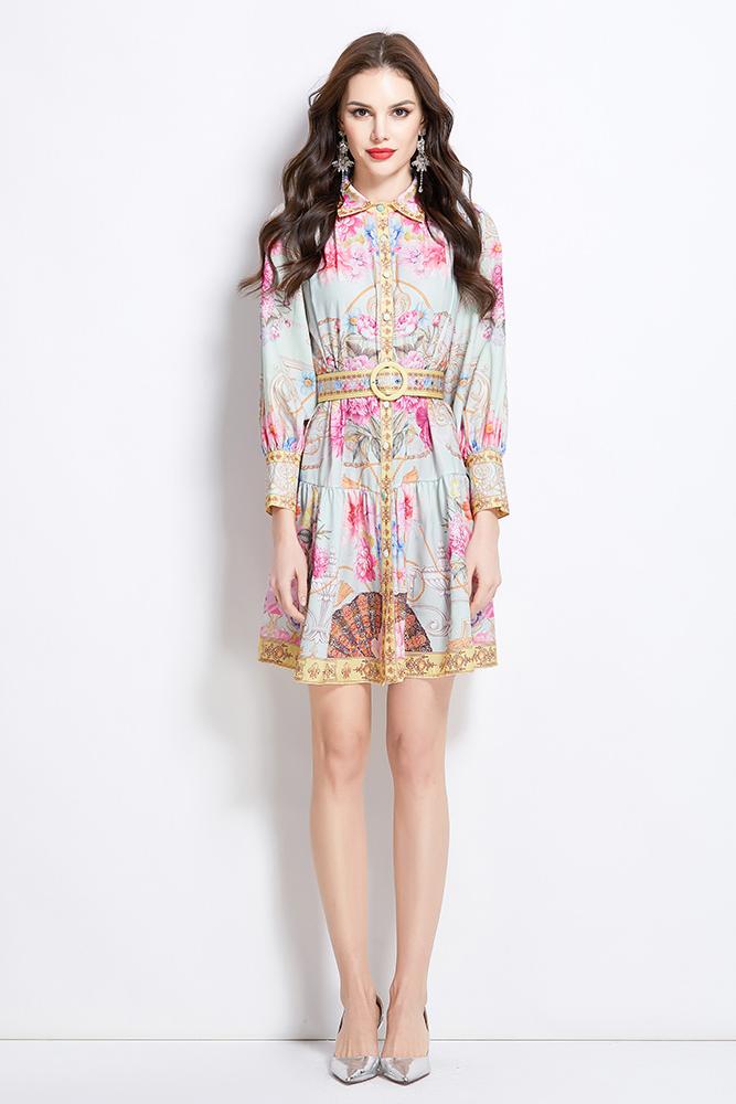 Original Design Spring Summer Autumn Vacation Painted Oil Painting Style Short Collar Dress