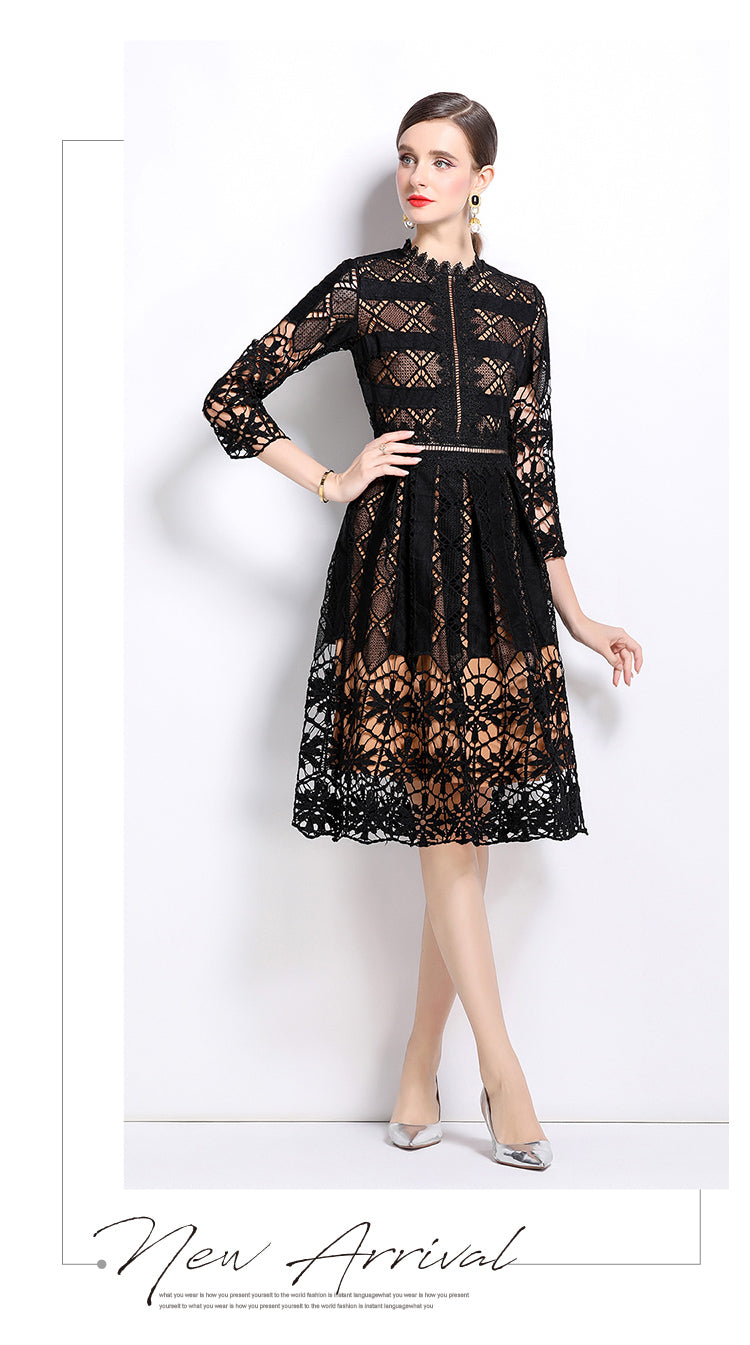 Original design mid long sleeved slimming hollow out water-soluble lace positioning printed mid length dress for spring, summer, autumn vacation