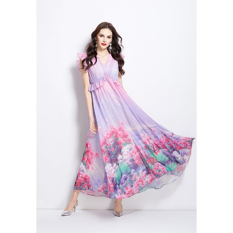 Original Design Spring/Summer Retro Flower Little Fly Sleeve Long Dress