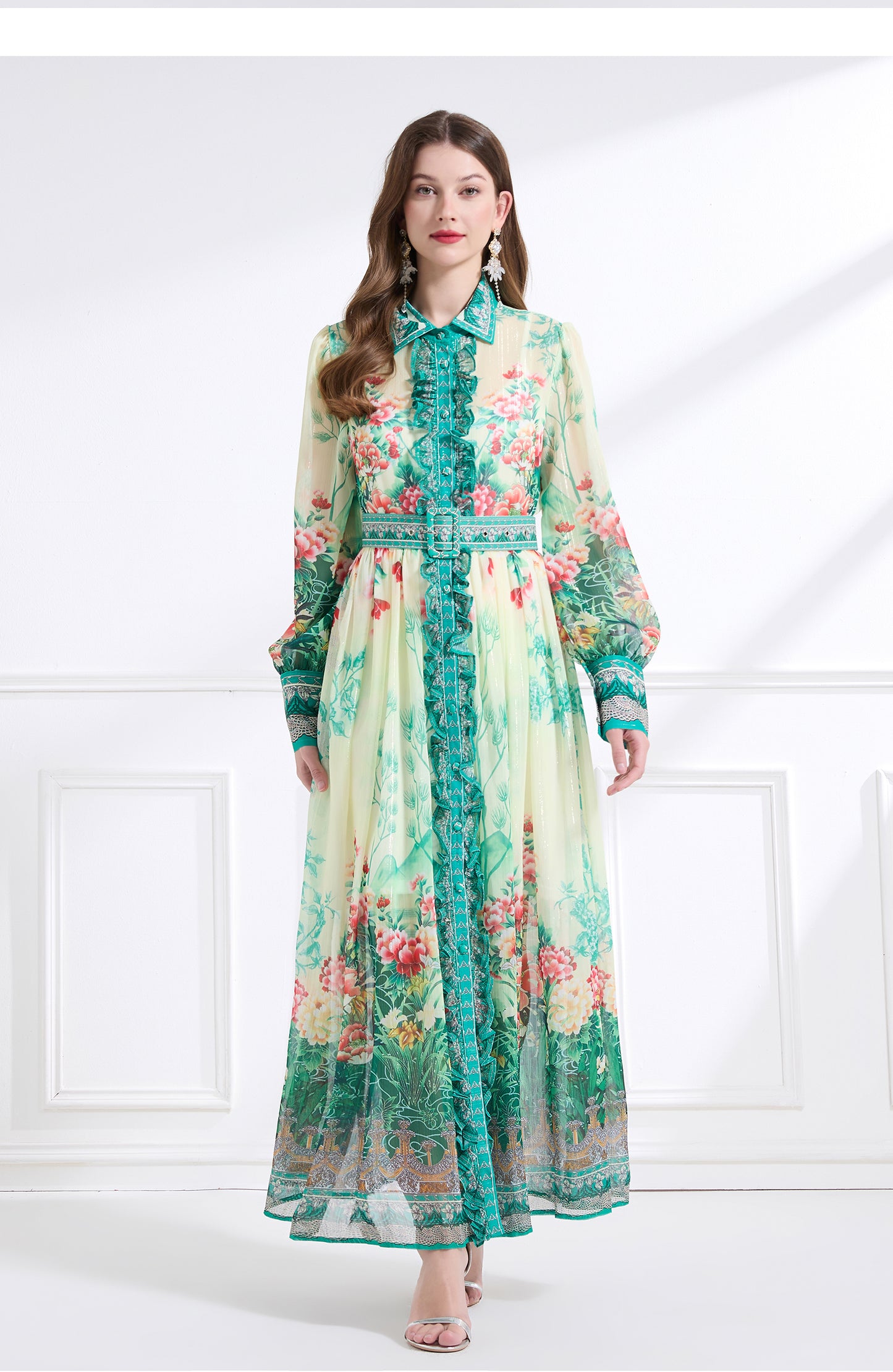 Original design - Spring/Summer, Autumn chiffon shirt collar print, long sleeves, cinched waist, ruffled maxi skirt