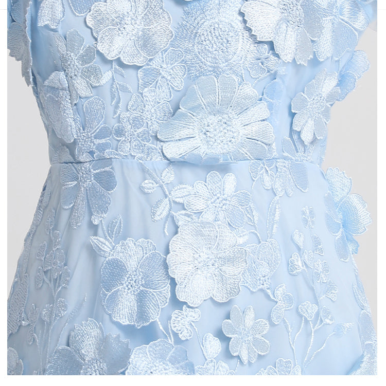 Original design exquisite handmade three-dimensional embroidery French solid color small pendulum VL collar bubble sleeve dress