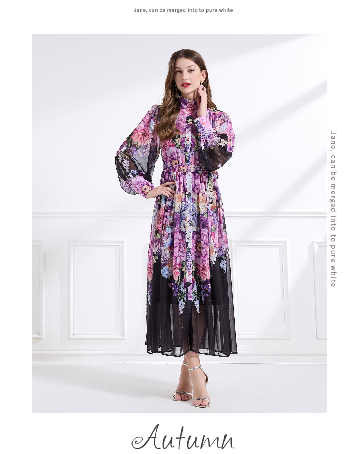 Original design - stand collar, watercolor, floral print, balloon sleeves, cinched waist, large skirt, ruffled skirt