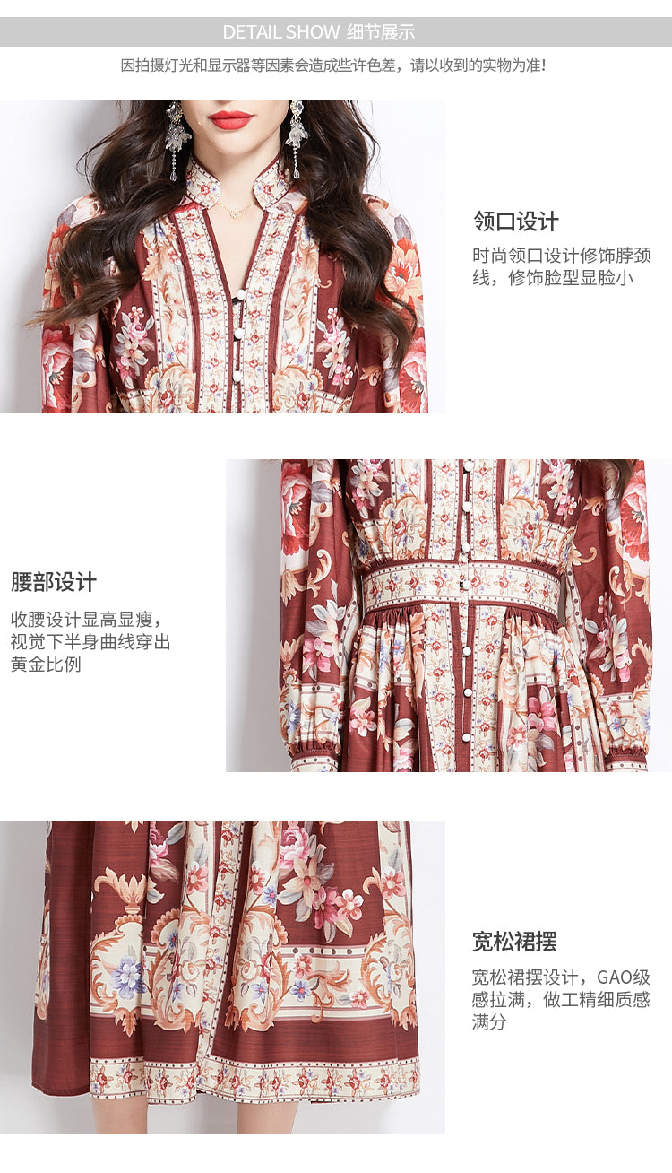 Original Design Spring/Summer Classical Palace Style Printed Flower Bouquet Waist Single breasted Long Dress