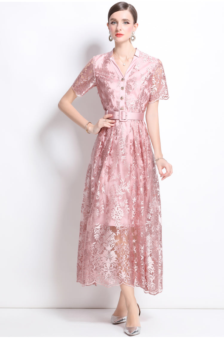 Original design mesh embroidered long dress with pockets, V-neck slim fit dress and belt