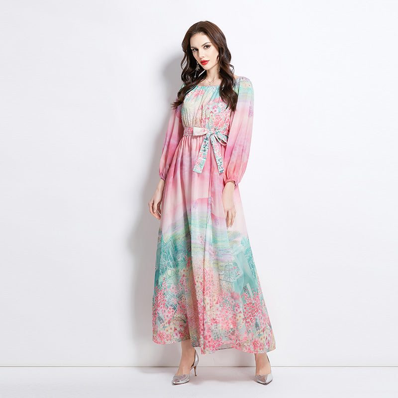 Original Design Spring/Summer Retro Flower One Shoulder Long Dress