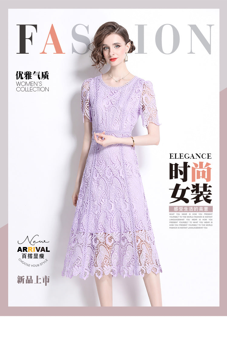 Original design temperament short sleeved skirt slim fit waist cinching heavy industry water-soluble lace dress for women