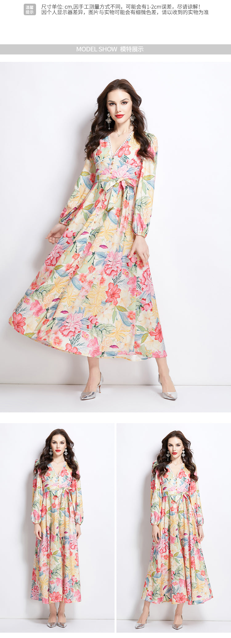 Original Design Spring/Summer Watercolor Flower Long Sleeve Retro Long Dress