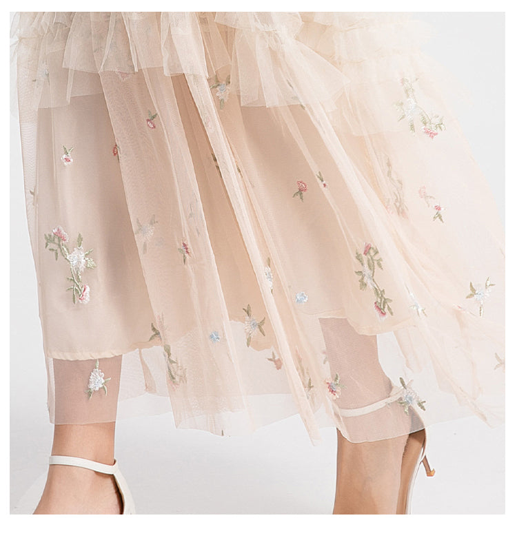 Original design spring, summer, autumn women's clothing pastoral forest temperament heavy industry color embroidered fungus edge swing dress