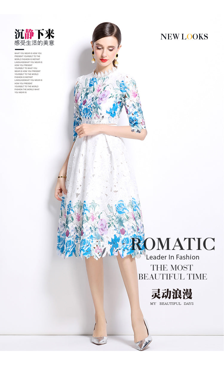 Original design mid long sleeved fashionable slimming hollow out water-soluble lace positioning mid length dress
