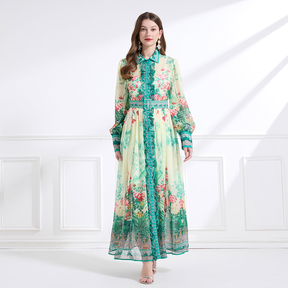 Original design - Spring/Summer, Autumn chiffon shirt collar print, long sleeves, cinched waist, ruffled maxi skirt