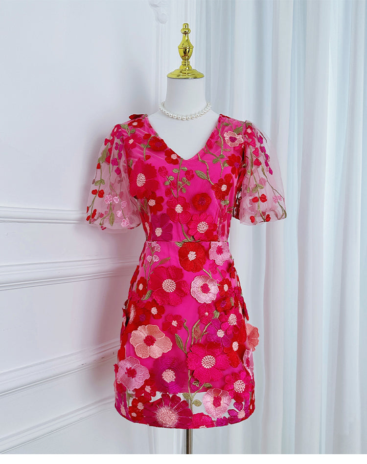 Original Design Heavy Industry Embroidery Boutique Handmade Color Customized Flower V-neck Bubble Sleeve Wrap Hip Dress