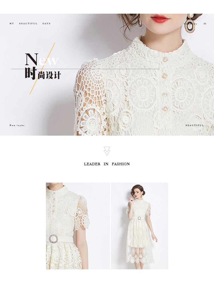 Original design niche dress new style temperament, waist cinching and slimming, hollow out water-soluble lace long skirt