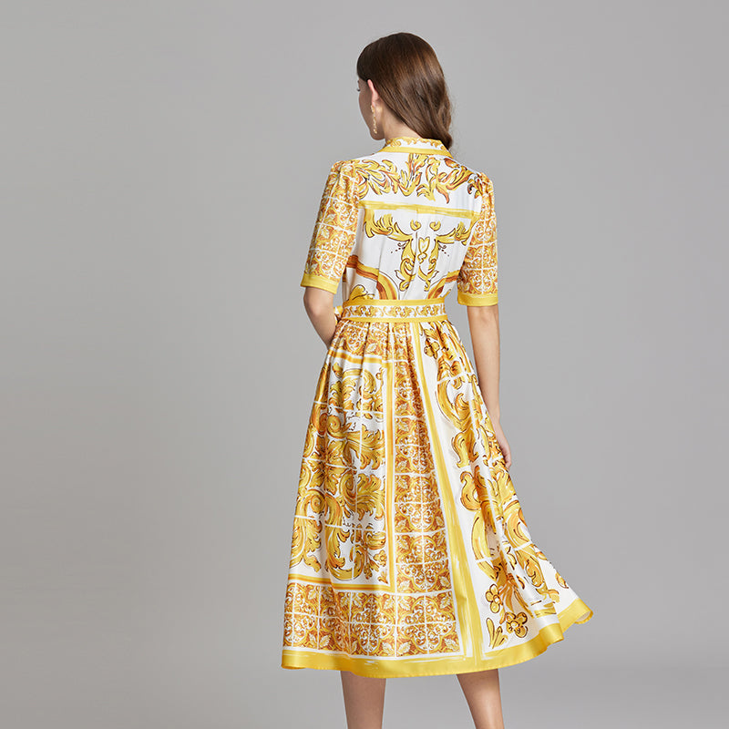 Original Design Spring/Summer Positioning Printed Collar Strap Waist Shirt Dress Large Swing A-line Skirt