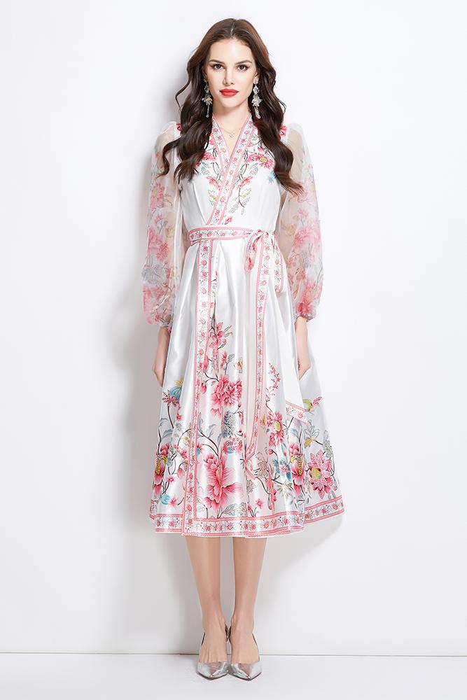 Original Design Spring/Summer V-neck Ethnic Style Printed Satin Wrapped Long Dress