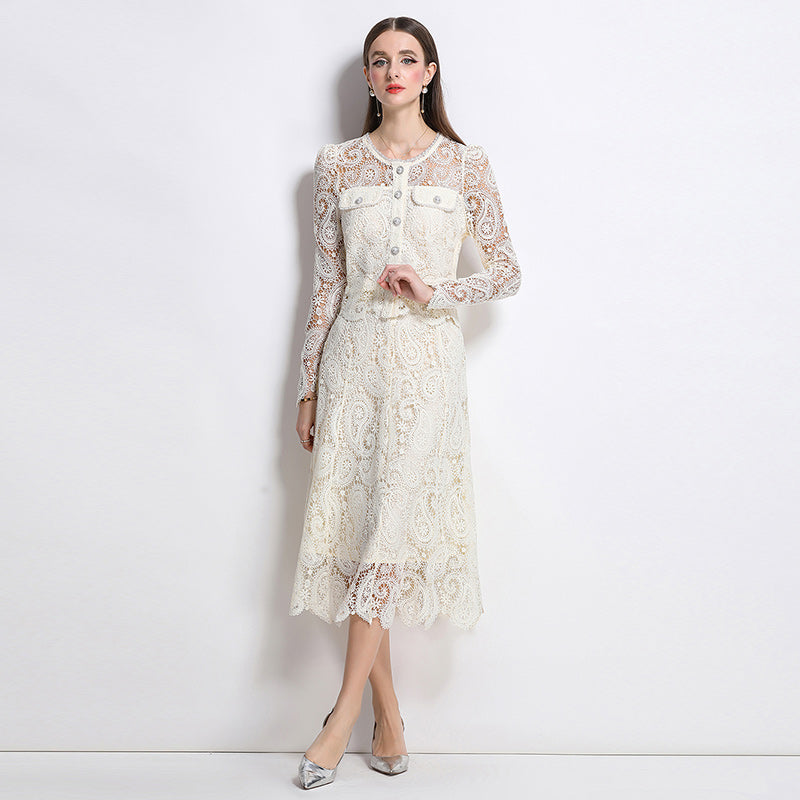 Real shot spot8583# New Style Chanel-Inspired Set Light Luxury High-End Water-Soluble Lace Skirt Two-Piece Set