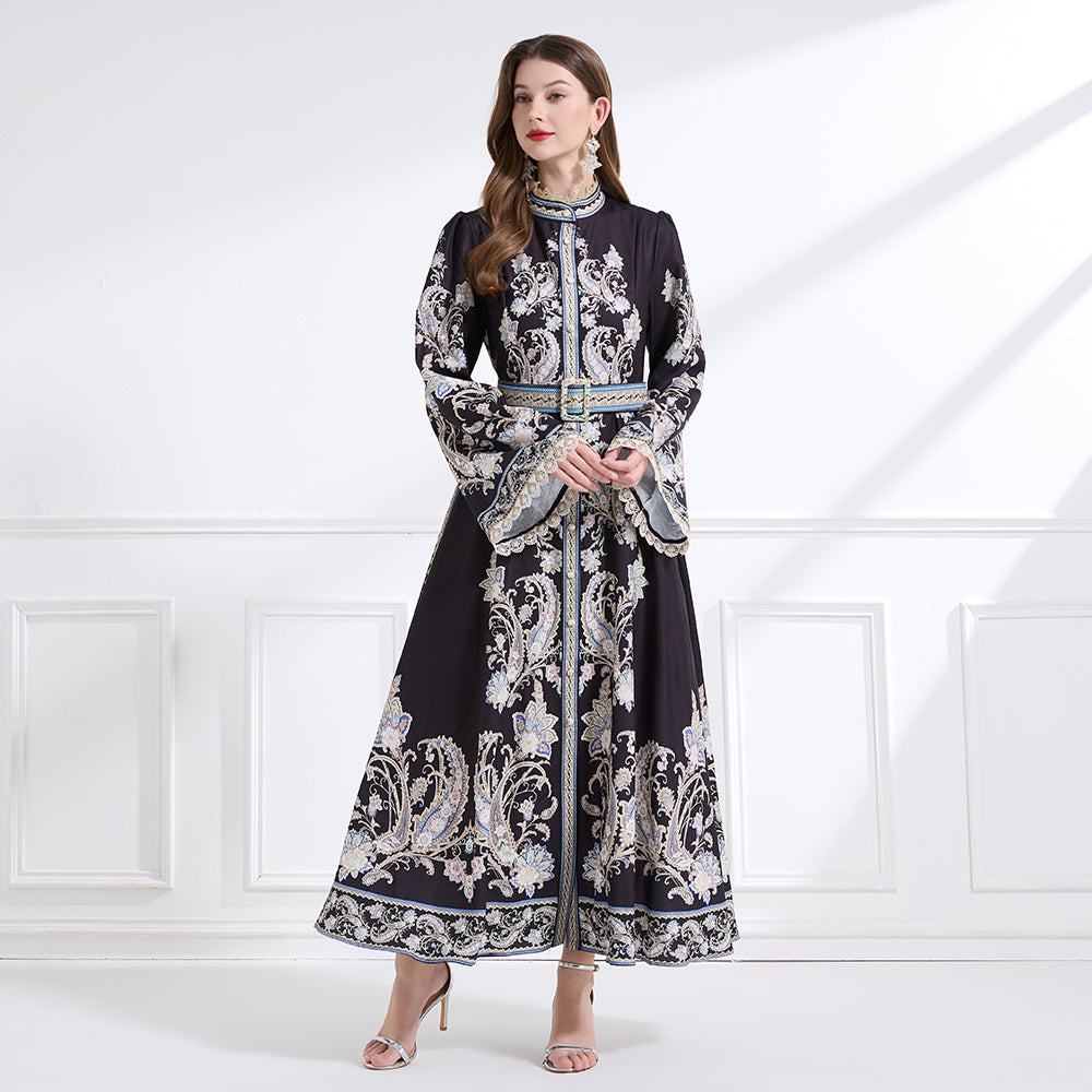 Original design - a court-style retro stand-up collar lace print tunic with a large hem waist