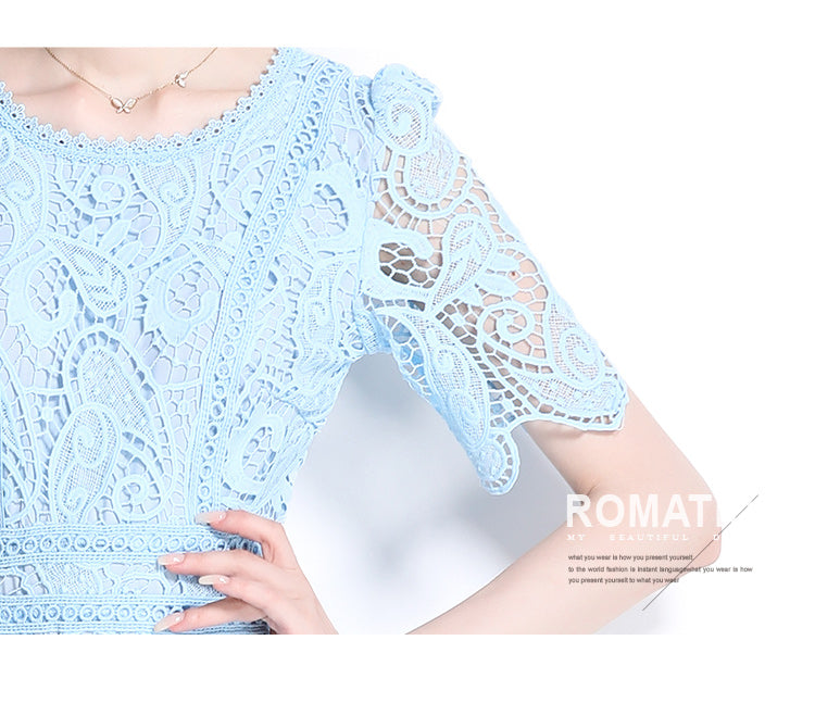 Original design temperament short sleeved skirt slim fit waist cinching heavy industry water-soluble lace dress for women