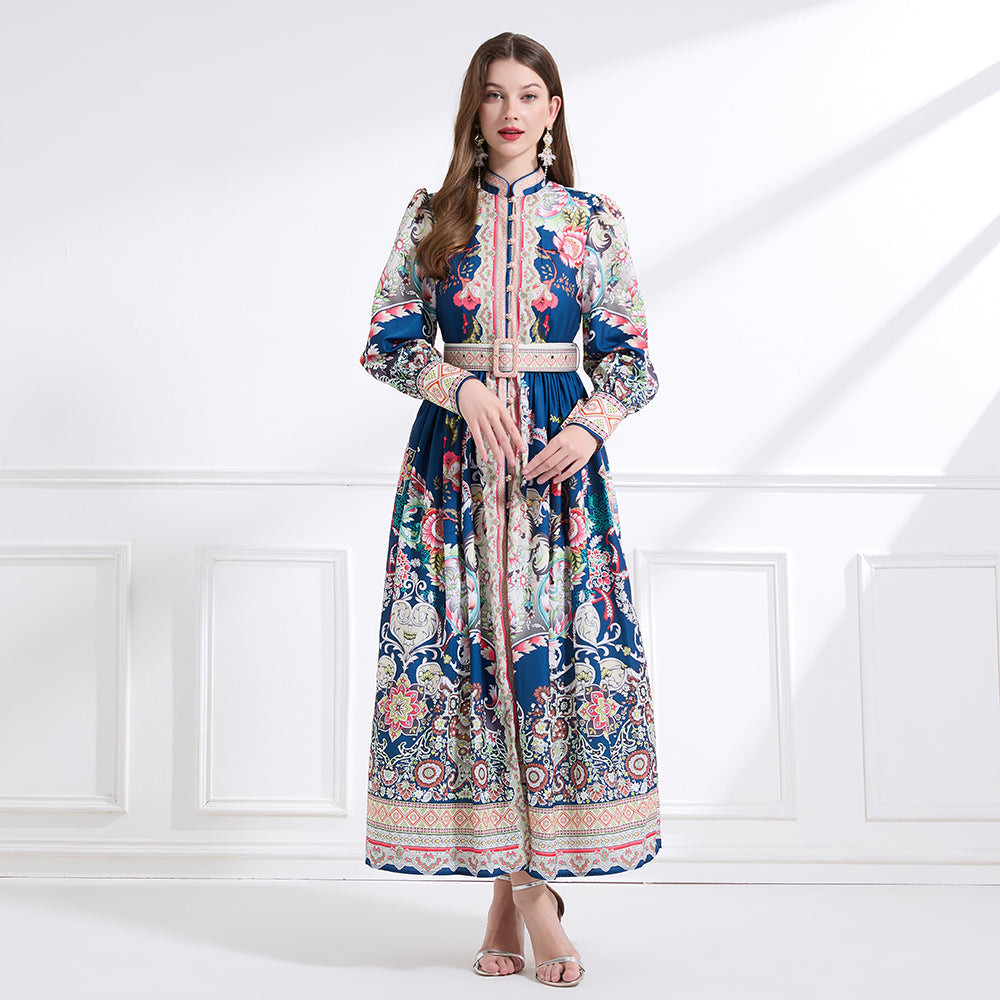 Original design - Spring, Summer, Autumn court style stand collar vintage print balloon sleeve ruffled maxi dress