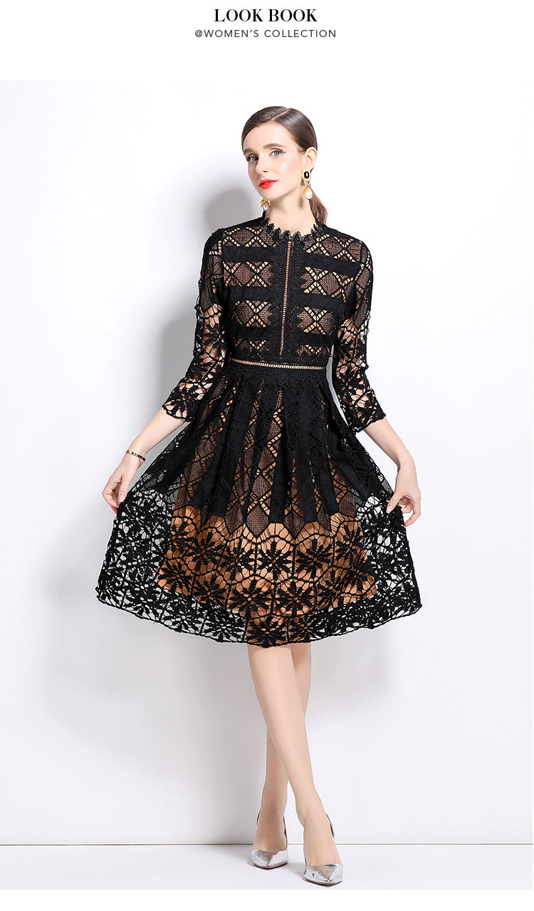 Original design mid long sleeved slimming hollow out water-soluble lace positioning printed mid length dress for spring, summer, autumn vacation