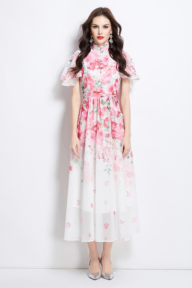 Original design for spring and summer small flying sleeves, ruffled edges, floral patterns, colorful waist cinched stand up collar dress