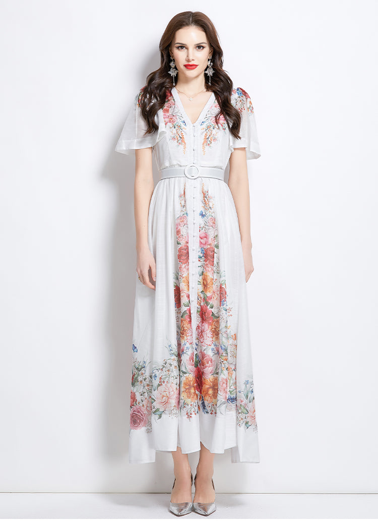 Original design of a vintage long dress with watercolor floral short sleeves for spring and summer