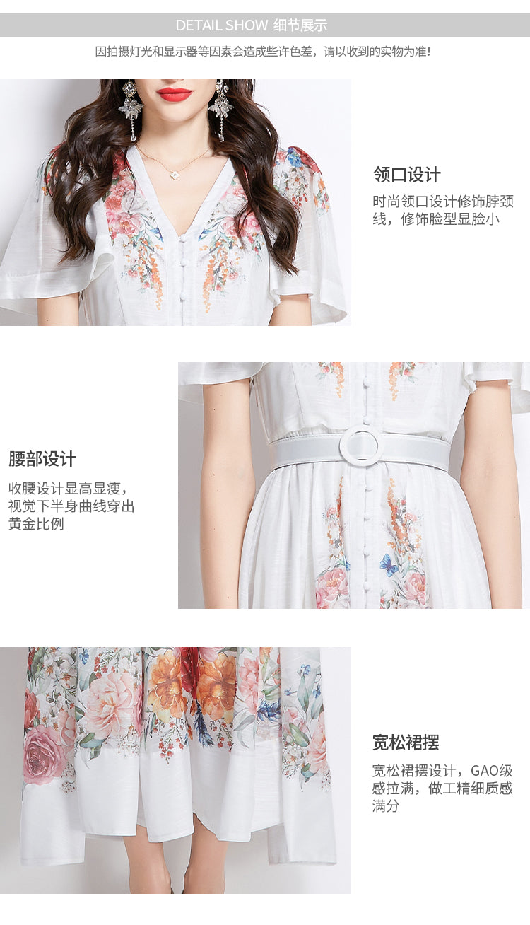 Original design of a vintage long dress with watercolor floral short sleeves for spring and summer