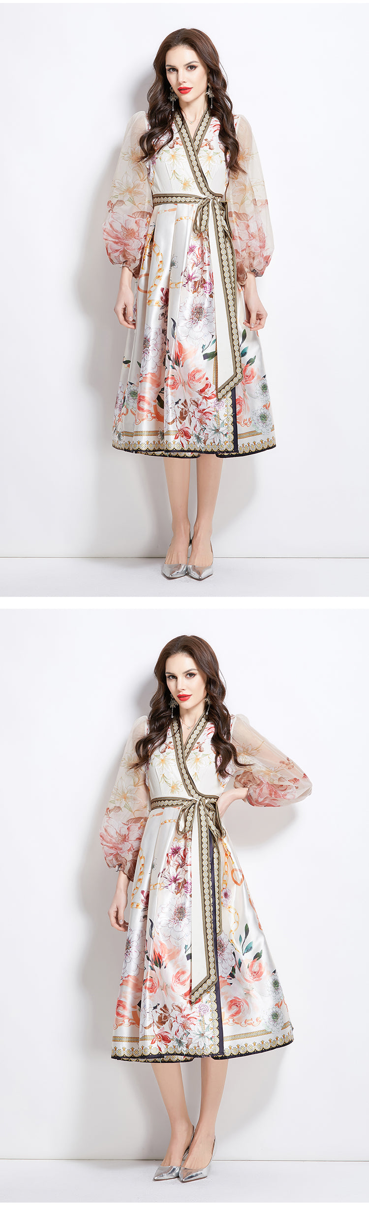Original design for spring and summer V-neck ethnic style printed satin wrapped long length dress