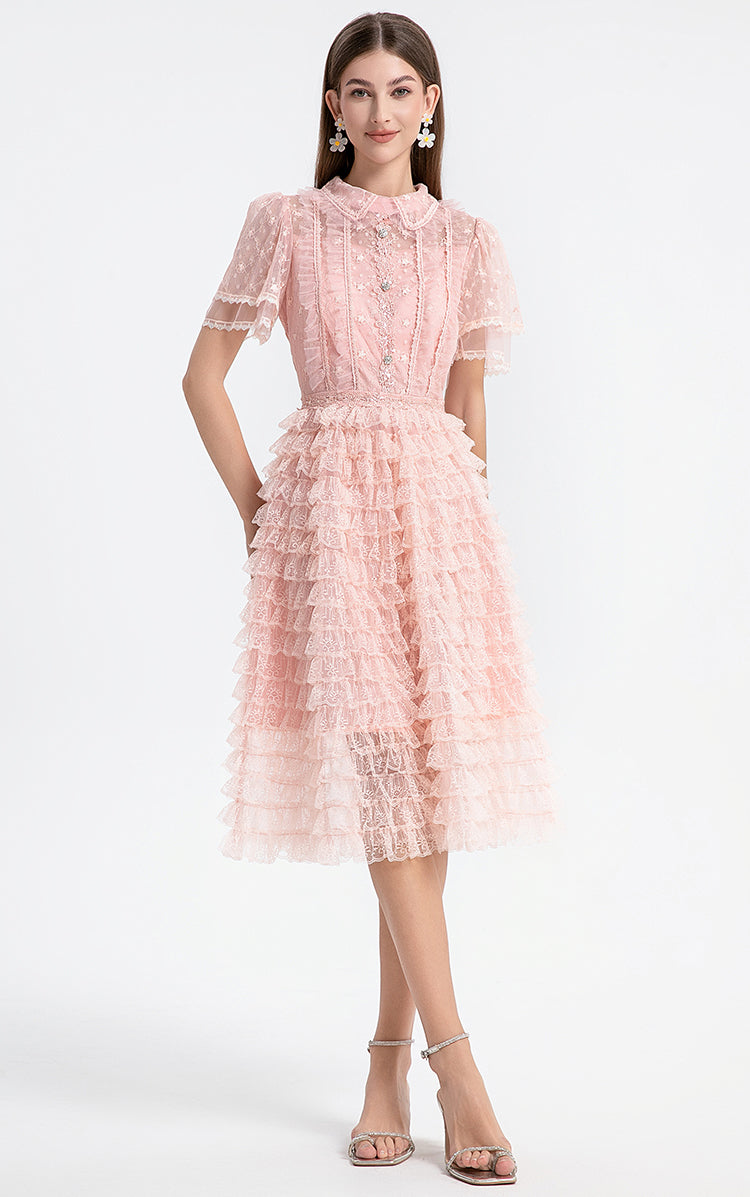 Original design short sleeved French sweet lace lace cake skirt with nail and diamond waist cinching temperament dress