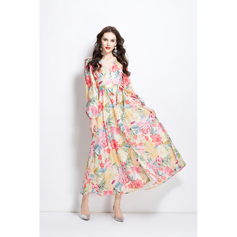 Original Design Spring/Summer Watercolor Flower Long Sleeve Retro Long Dress