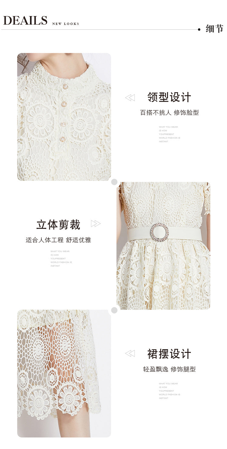 Original design niche dress new style temperament, waist cinching and slimming, hollow out water-soluble lace long skirt