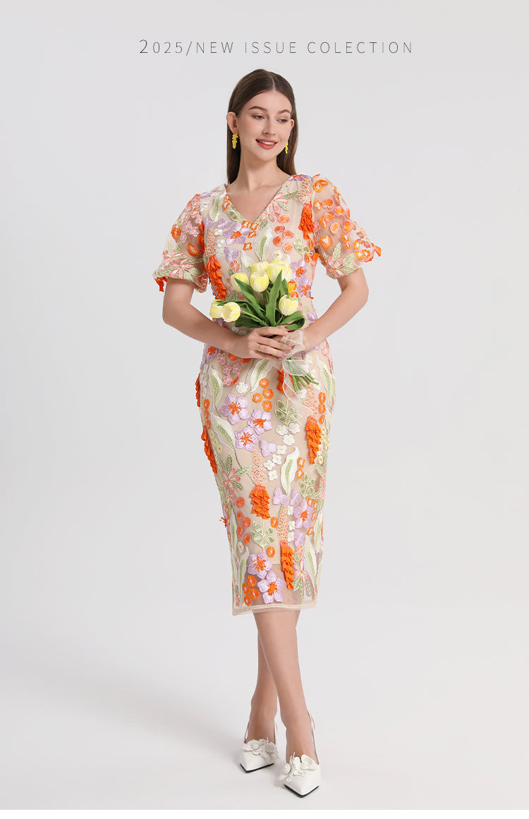 Artwork boutique handmade three-dimensional wheat ear embroidered French temperament dress