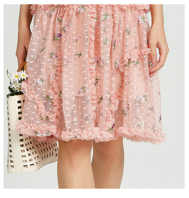 Artwork French romantic boutique custom gauze small floral embroidery short vintage cake dress